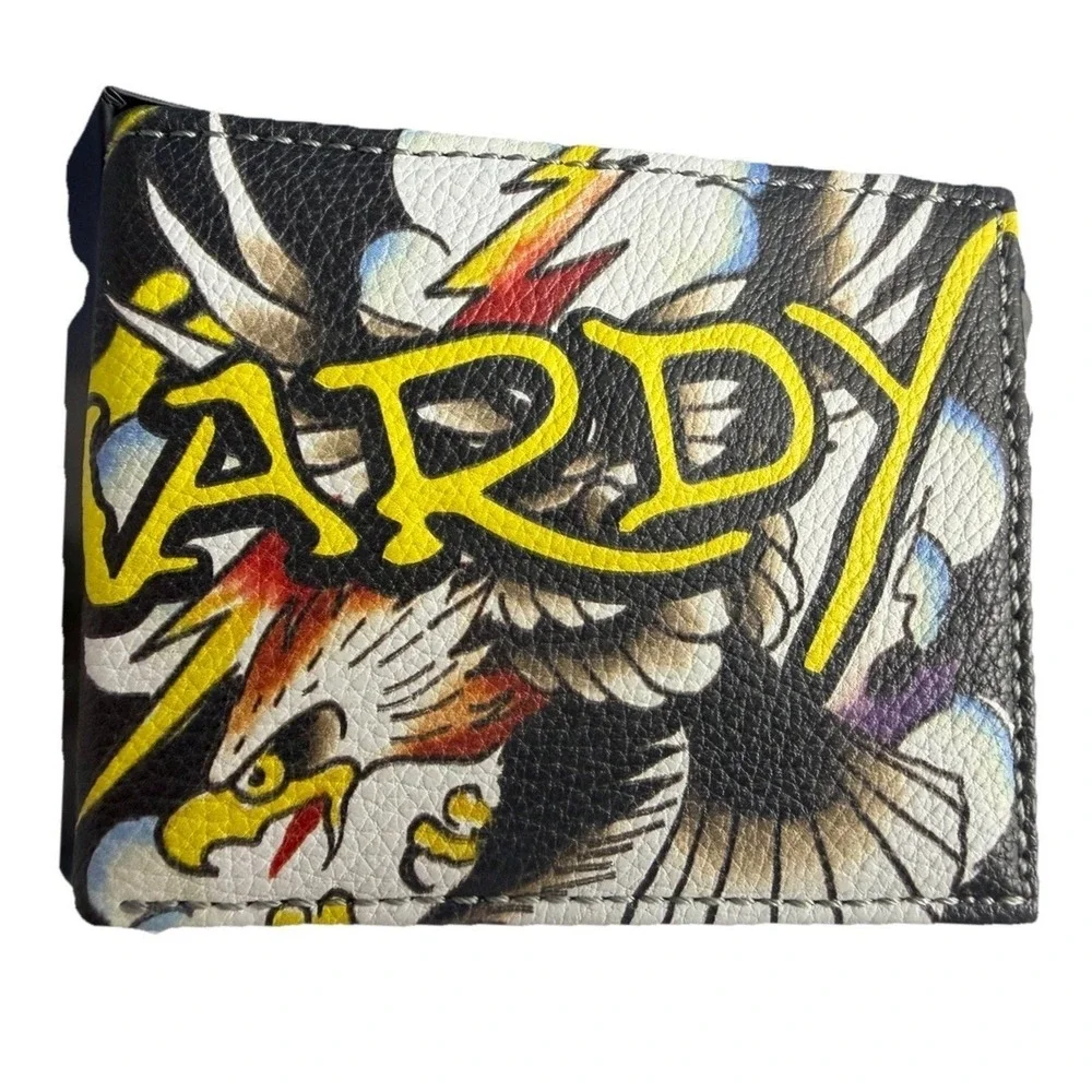 Ed Hardy Men's Black Wallet Bi-fold With Valet Tray PU Leather Eagle Tattoo New